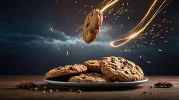 A plate of chocolate chip cookies with one cookie levitating above, surrounded by sparks. photo