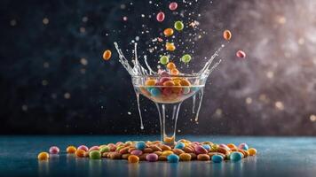 Colorful candies splashing into a glass, creating a vibrant and playful scene. photo