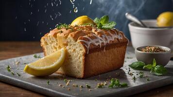 A freshly baked lemon loaf cake garnished with lemon slices and herbs on a rustic surface. photo