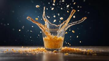 A glass splashes orange liquid with particles around, capturing a dynamic moment. photo