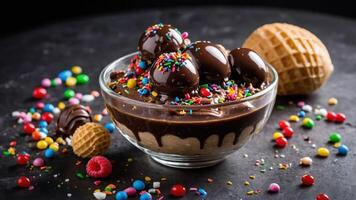 A delicious dessert bowl topped with chocolate, sprinkles, and candy. photo