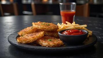A plate of crispy hash browns, fries, and a glass of tomato juice with ketchup. photo