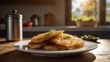 A plate of crispy hash browns garnished with herbs, set in a cozy kitchen. photo
