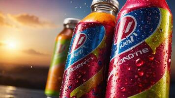 Colorful beverage bottles with condensation against a sunset backdrop. photo