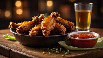 A bowl of crispy chicken wings served with a dipping sauce and a shot glass. photo
