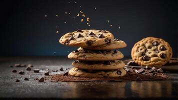 A stack of chocolate chip cookies with scattered chocolate pieces on a rustic surface. photo
