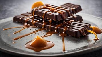 A tempting display of chocolate bars drizzled with caramel and garnished with a slice of fruit. photo