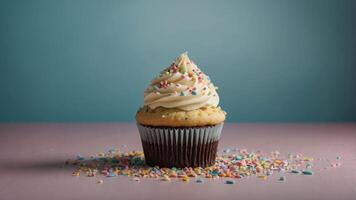A delicious cupcake topped with frosting and colorful sprinkles on a pastel background. photo