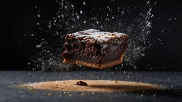 A floating brownie dusted with powdered sugar, showcasing its rich texture against a dark backdrop. photo