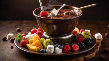 A delicious chocolate fondue setup with fruits and marshmallows for sharing. photo