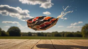 A colorful bag floating in the air against a scenic outdoor backdrop. photo