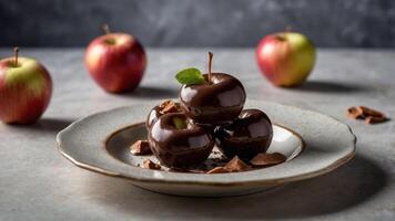 A plate of chocolate-covered apples with fresh apples in the background. photo