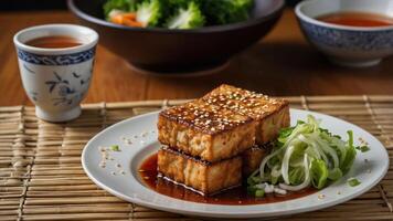A plate of grilled tofu garnished with green onions and sesame seeds, served with tea. photo