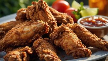 A plate of crispy fried chicken wings served with sauce and garnishes. photo