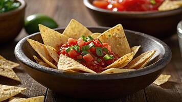 A bowl of tortilla chips served with salsa and garnished with green onions. photo