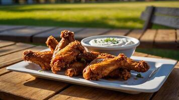 A plate of crispy chicken wings served with a creamy dipping sauce. photo