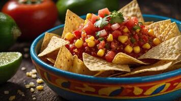 A vibrant bowl of tortilla chips topped with fresh salsa and garnished with cilantro. photo