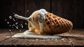 A spilled ice cream cone with melting ice cream on a wooden surface, creating a messy scene. photo