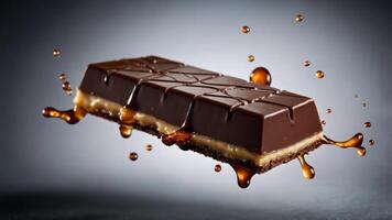 A chocolate bar with caramel, splashed with syrup, highlighting indulgence and dessert appeal. photo