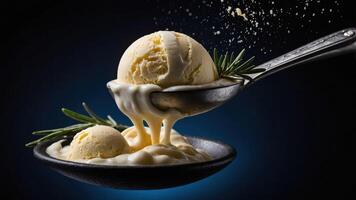 A close-up of ice cream scoops on a spoon, with a dark background and a sprinkle effect. photo