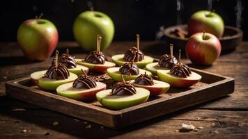 A wooden platter with apple slices topped with chocolate and caramel, surrounded by whole apples. photo