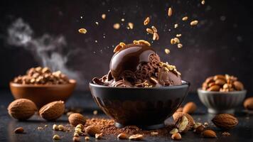 A delicious bowl of chocolate ice cream topped with nuts and cocoa, showcasing indulgence. photo