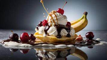 A delicious dessert featuring a banana split with whipped cream, cherries, and chocolate sauce. photo