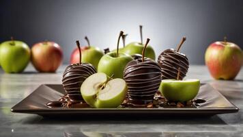 A plate of chocolate-covered apples with fresh apples in the background, showcasing a dessert. photo
