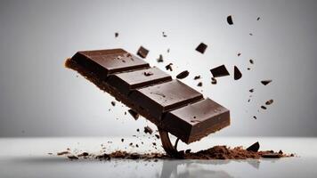 A dynamic image of a chocolate bar breaking apart, showcasing texture and movement. photo