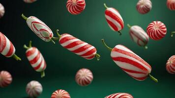 A vibrant display of red and white striped candies floating against a green background. photo