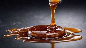 A glossy caramel sauce drips from a spoon, pooling on a dark surface. photo