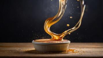 A creamy dessert with caramel sauce cascading over it, creating an appealing visual effect. photo
