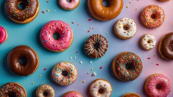 A colorful assortment of donuts arranged on a gradient background. photo