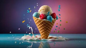A vibrant ice cream cone topped with colorful sprinkles, surrounded by melted ice cream. photo