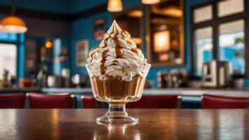 A delicious dessert featuring soft-serve ice cream topped with caramel sauce in a diner setting. photo
