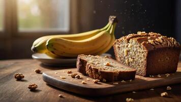 A loaf of banana bread sliced on a wooden board, with whole bananas in the background. photo