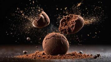A chocolate truffle exploding with cocoa powder, showcasing texture and indulgence. photo