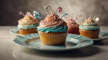 Colorful cupcakes with swirls of frosting and decorative toppers on plates. photo