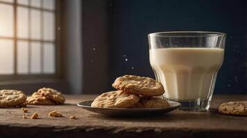A cozy scene featuring a glass of milk and a plate of cookies on a wooden table. photo