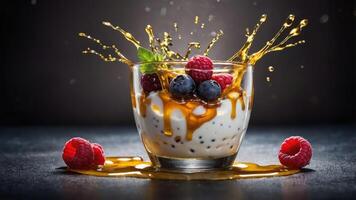 A glass of yogurt topped with berries and a drizzle of syrup, showcasing a dynamic splash effect. photo