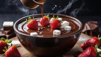 A rich chocolate fondue with strawberries and marshmallows, perfect for dessert indulgence. photo
