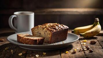 A slice of banana bread served with coffee and bananas on a rustic wooden table. photo