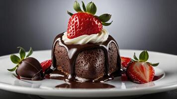 A decadent chocolate dessert topped with a strawberry and whipped cream, served on a plate. photo