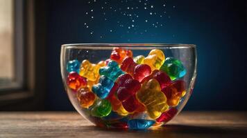 A bowl filled with colorful gummy bears, illuminated with a sprinkle effect. photo
