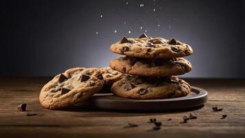 A stack of chocolate chip cookies on a plate, with chocolate chunks sprinkled around. photo