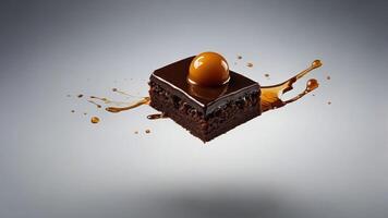 A decadent chocolate brownie topped with glossy ganache and a caramel sphere, artistically presented. photo
