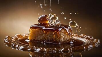 A close-up of a dessert drizzled with syrup, creating an artistic splash effect. photo