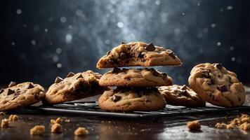 A stack of freshly baked chocolate chip cookies on a cooling rack with a dark background. photo