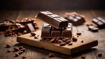 A close-up of chocolate bars and cocoa beans on a wooden surface, emphasizing indulgence. photo