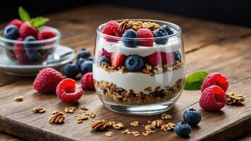 A delicious parfait with layers of yogurt, granola, and fresh berries in a glass. photo